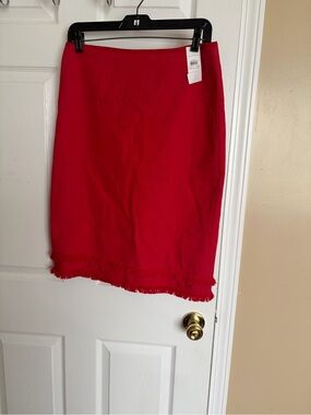 Ann Taylor Red Pencil Skirt with Fringed Hem